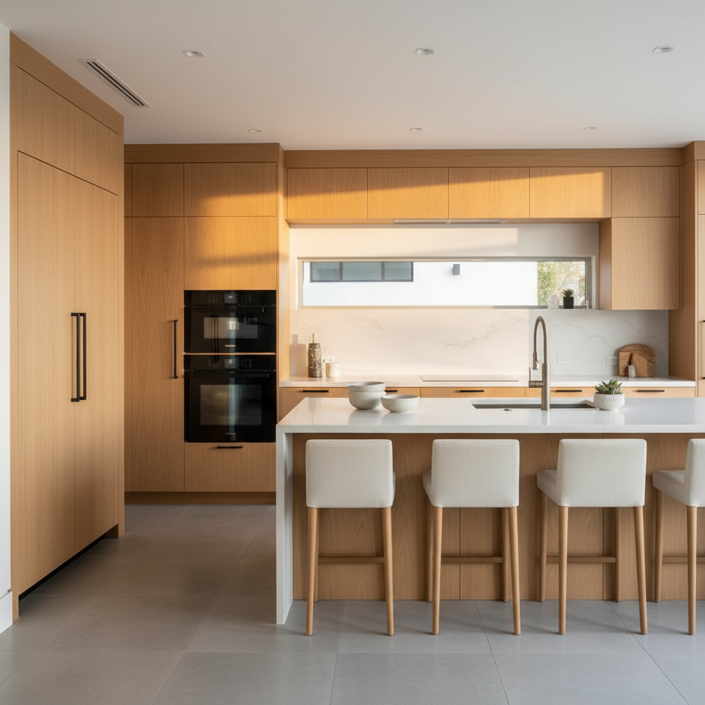 Upscale kitchen with integrated refrigerator and wall oven