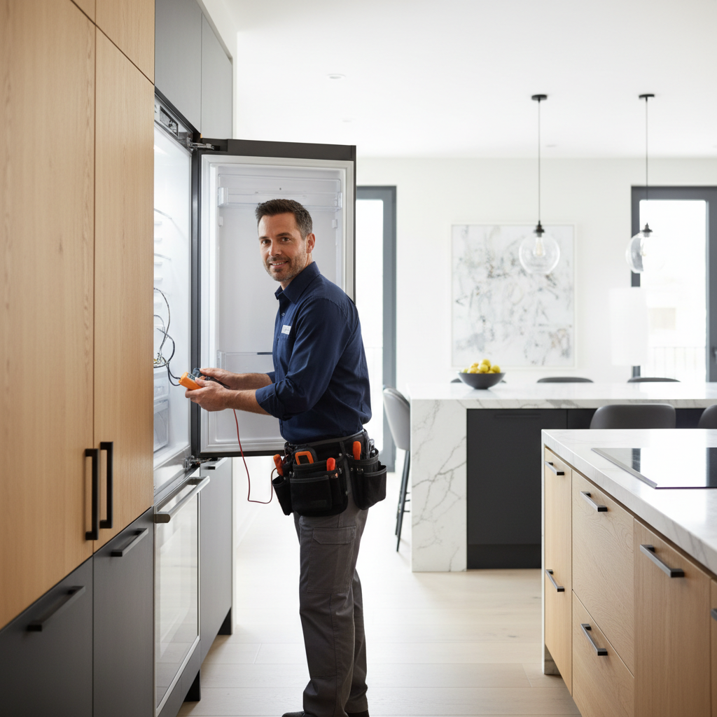 Professional technician inspecting a built-in refrigerator